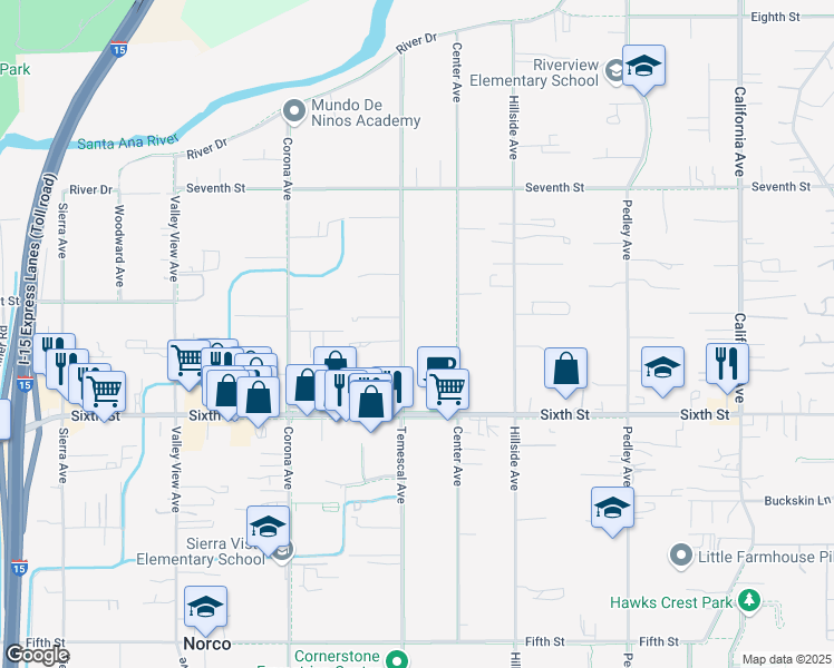map of restaurants, bars, coffee shops, grocery stores, and more near 4077 Temescal Avenue in Norco