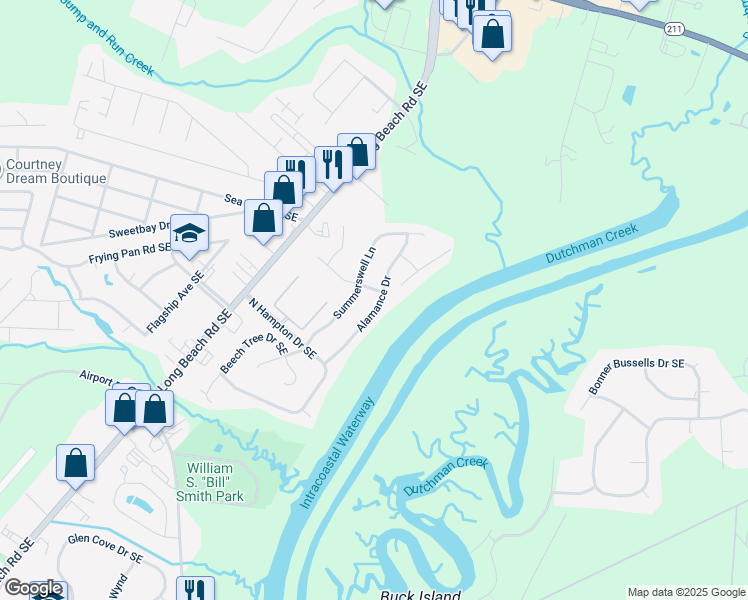 map of restaurants, bars, coffee shops, grocery stores, and more near 4954 Alamance Drive in Southport