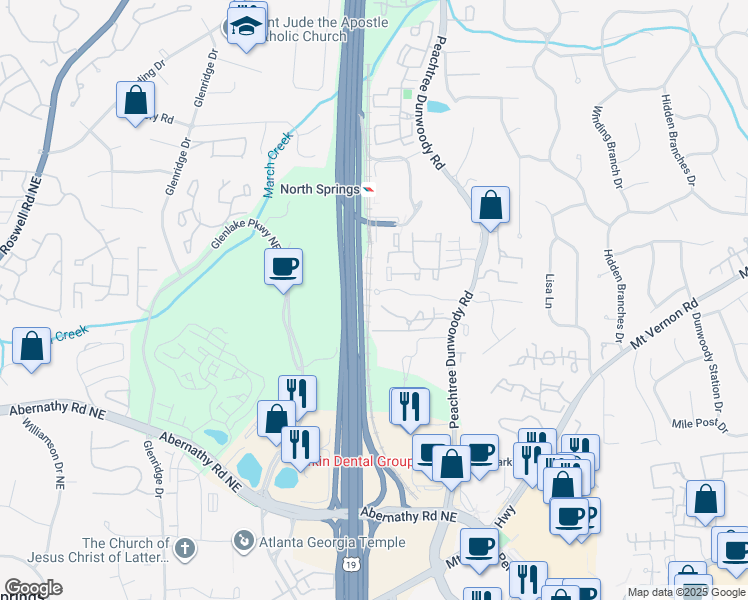 map of restaurants, bars, coffee shops, grocery stores, and more near 176 Peachtree Hollow Court Northeast in Atlanta