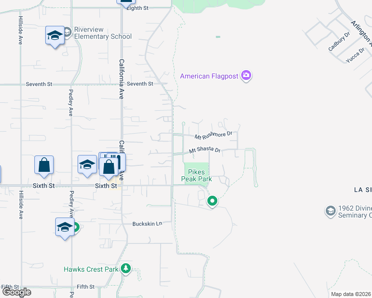 map of restaurants, bars, coffee shops, grocery stores, and more near 4089 Mount Verde Drive in Norco