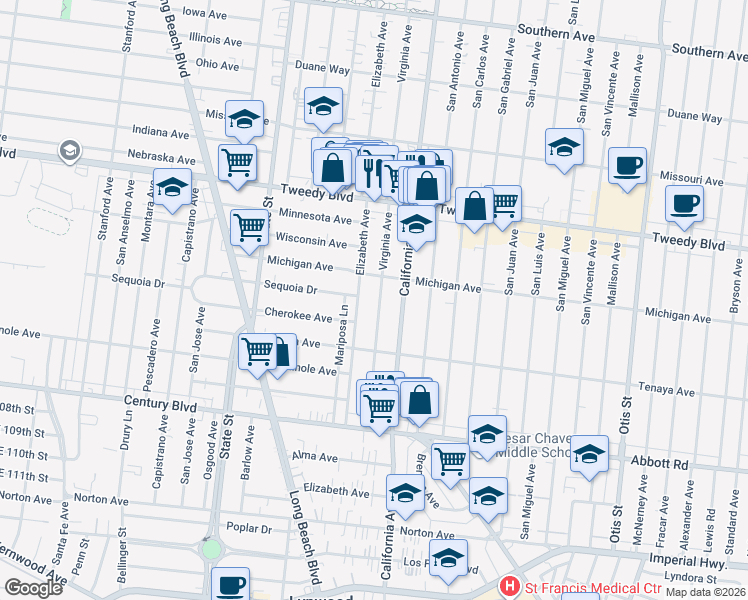 map of restaurants, bars, coffee shops, grocery stores, and more near 10245 Virginia Avenue in South Gate