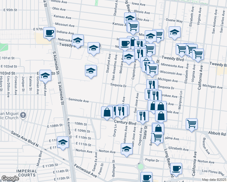 map of restaurants, bars, coffee shops, grocery stores, and more near 10340 San Anselmo Avenue in South Gate