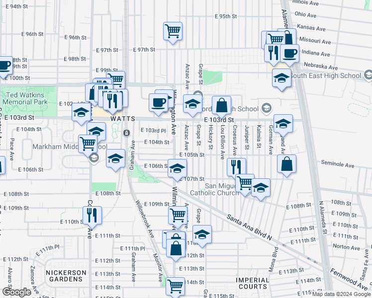 map of restaurants, bars, coffee shops, grocery stores, and more near 10413 Anzac Avenue in Los Angeles