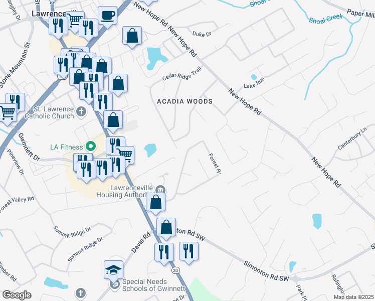 map of restaurants, bars, coffee shops, grocery stores, and more near 211 Forest Place in Lawrenceville