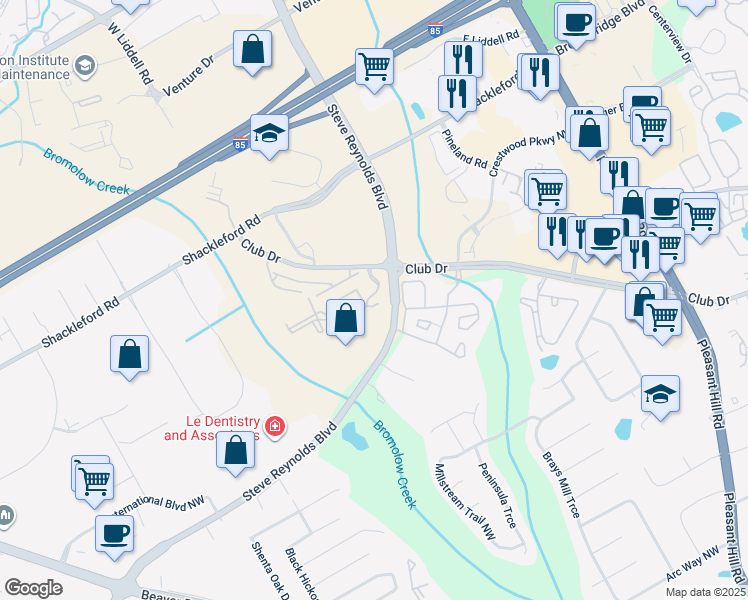 map of restaurants, bars, coffee shops, grocery stores, and more near 3920 Club Drive in Duluth