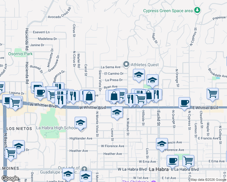 map of restaurants, bars, coffee shops, grocery stores, and more near 931 Kirby Drive in La Habra