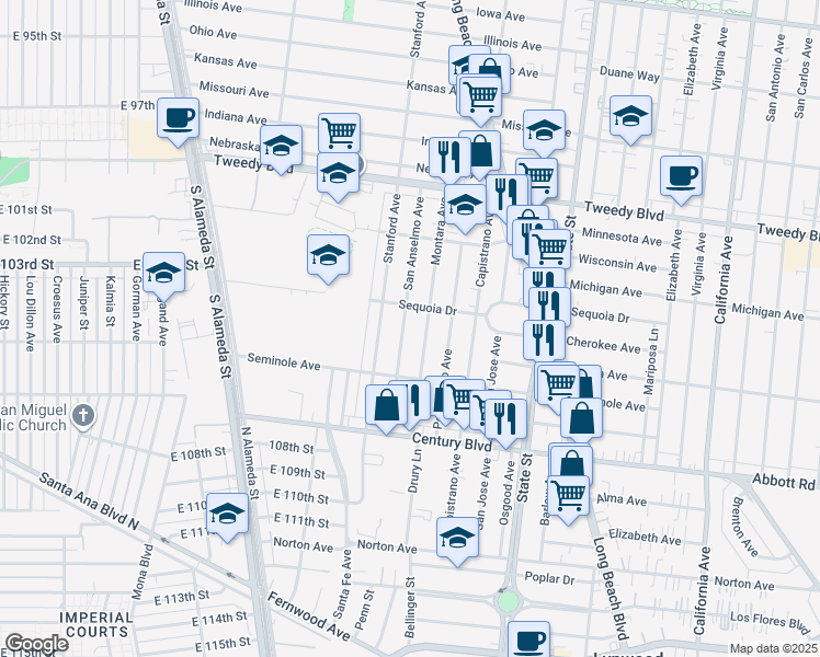 map of restaurants, bars, coffee shops, grocery stores, and more near 10340 San Anselmo Avenue in South Gate