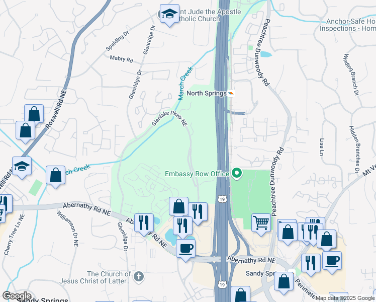 map of restaurants, bars, coffee shops, grocery stores, and more near 50 Glenlake Parkway Northeast in Atlanta