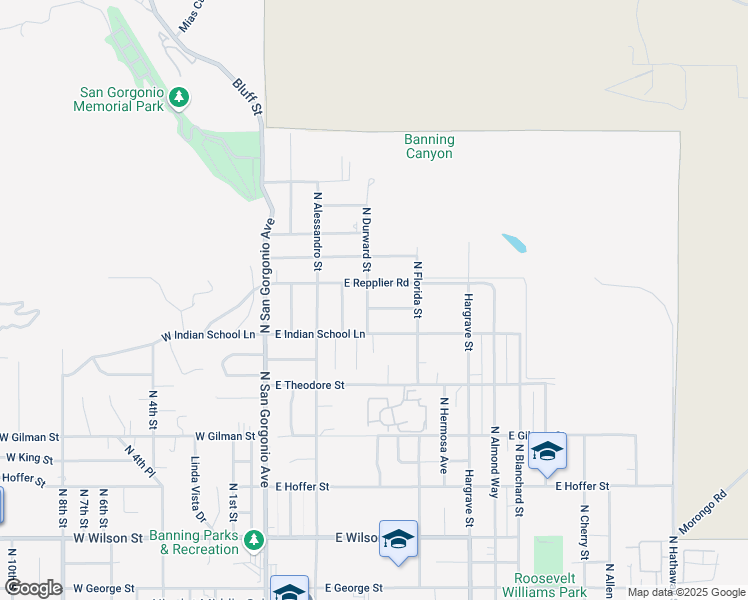map of restaurants, bars, coffee shops, grocery stores, and more near 443 San Andreas Road in Banning