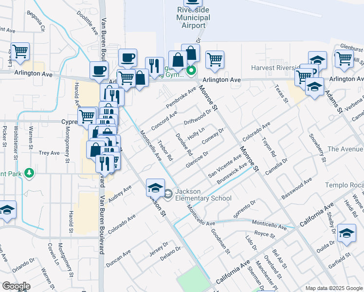 map of restaurants, bars, coffee shops, grocery stores, and more near 8923 Conway Drive in Riverside