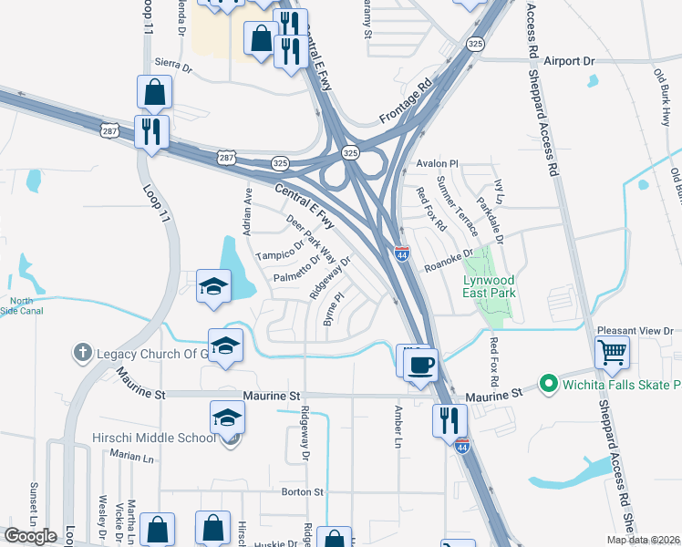 map of restaurants, bars, coffee shops, grocery stores, and more near 2703 Byrne Place in Wichita Falls