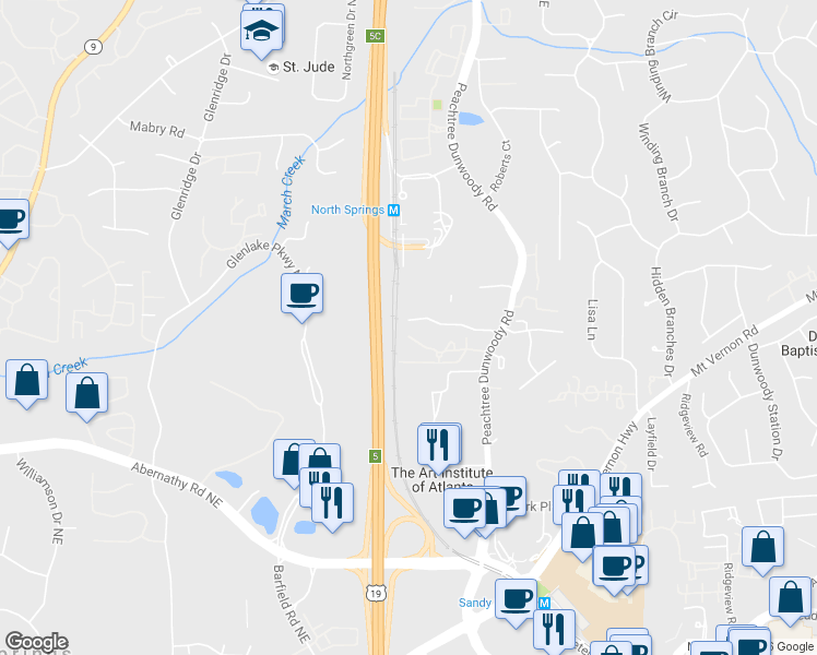 map of restaurants, bars, coffee shops, grocery stores, and more near 182 Peachtree Hollow Court Northeast in Atlanta
