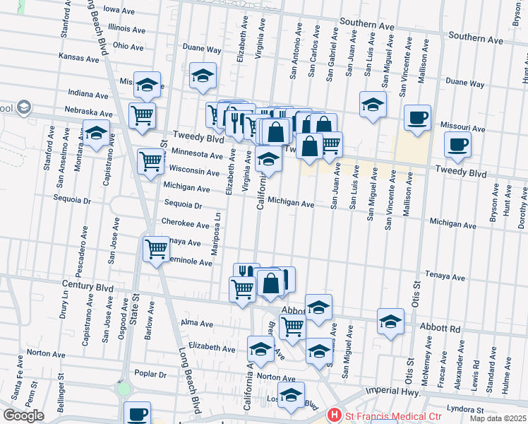 map of restaurants, bars, coffee shops, grocery stores, and more near 10236 California Avenue in South Gate