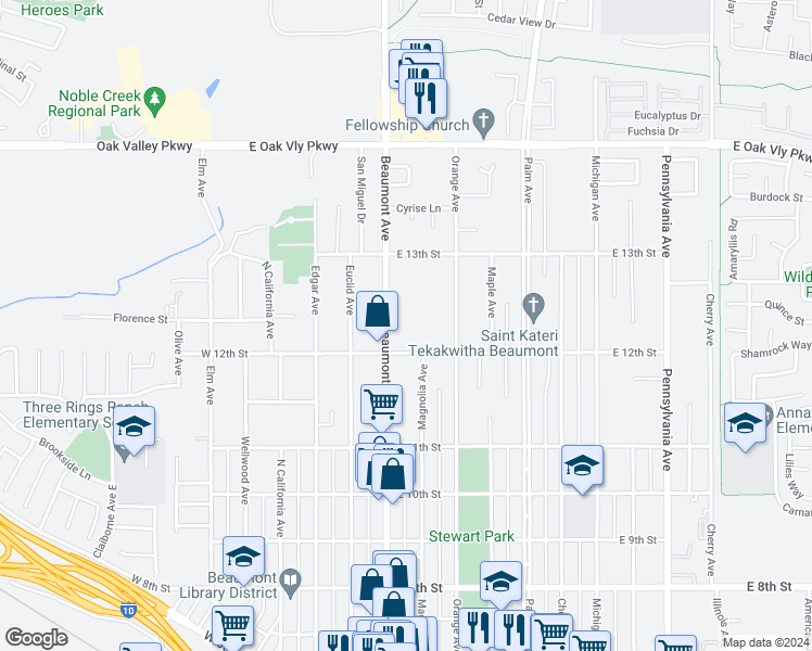 map of restaurants, bars, coffee shops, grocery stores, and more near 450 East 12th Street in Beaumont