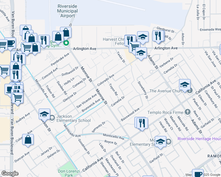 map of restaurants, bars, coffee shops, grocery stores, and more near 4546 Toyon Road in Riverside