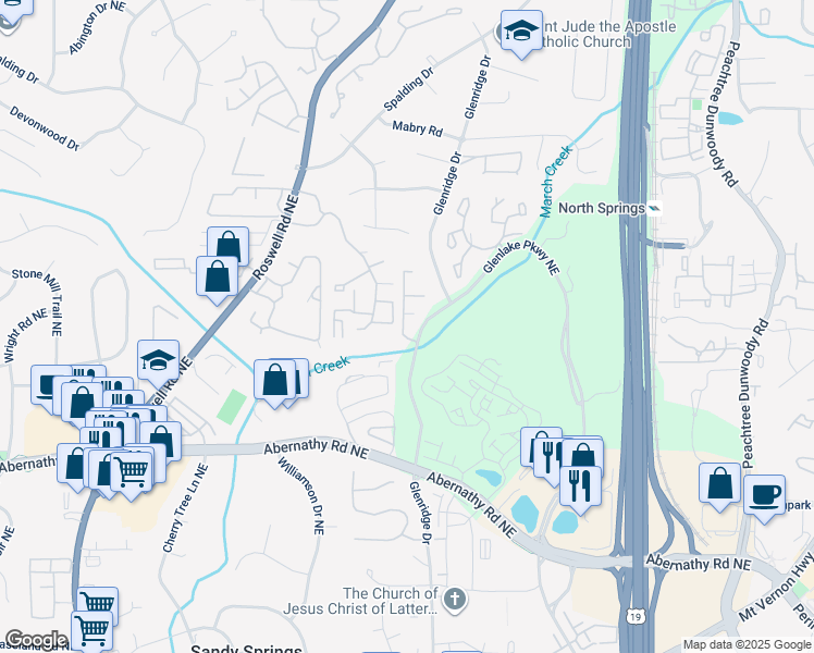 map of restaurants, bars, coffee shops, grocery stores, and more near 6800 Glenridge Drive in Sandy Springs
