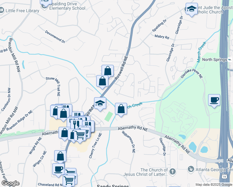 map of restaurants, bars, coffee shops, grocery stores, and more near 6701 Roswell Rd in Atlanta