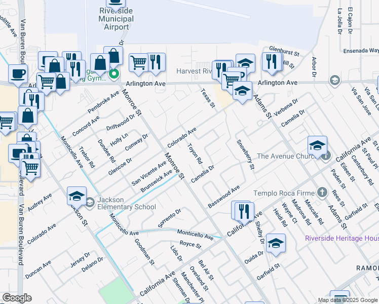 map of restaurants, bars, coffee shops, grocery stores, and more near 4546 Toyon Road in Riverside