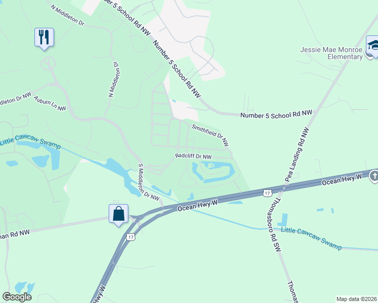 map of restaurants, bars, coffee shops, grocery stores, and more near Radcliffe Dr NW in Calabash