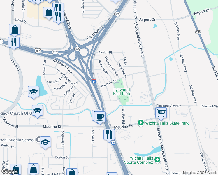 map of restaurants, bars, coffee shops, grocery stores, and more near 1510 Grayfox Place in Wichita Falls