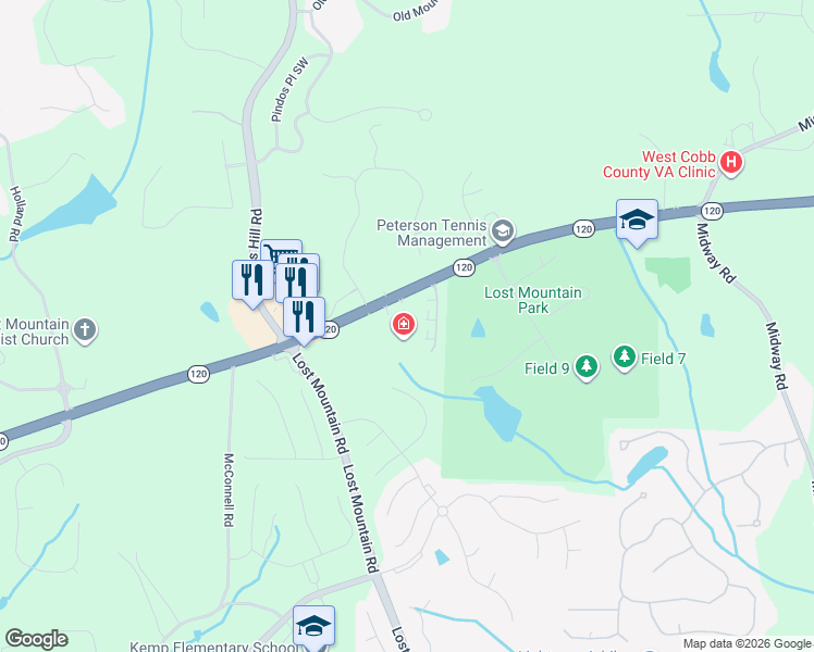 map of restaurants, bars, coffee shops, grocery stores, and more near 5041 Dallas Highway in Powder Springs