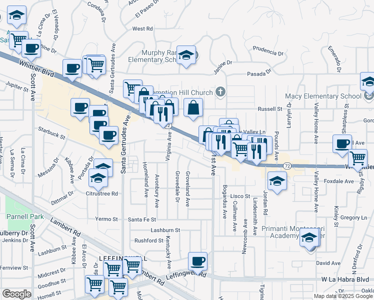 map of restaurants, bars, coffee shops, grocery stores, and more near 16056 Lancet Drive in Whittier