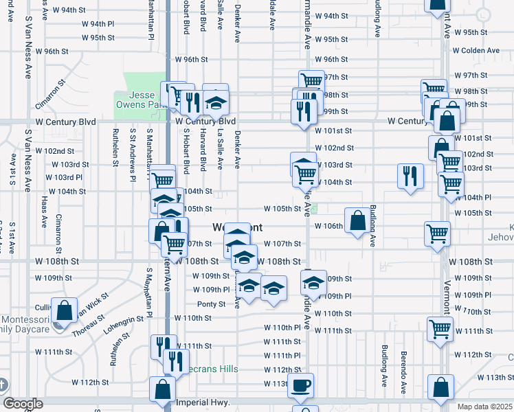 map of restaurants, bars, coffee shops, grocery stores, and more near 1525 West 105th Street in Los Angeles