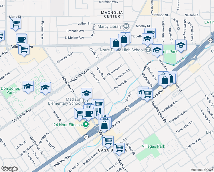 map of restaurants, bars, coffee shops, grocery stores, and more near 3615 Hoover Street in Riverside