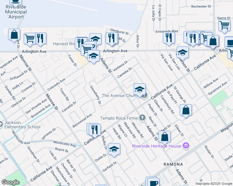 map of restaurants, bars, coffee shops, grocery stores, and more near 8354 Basswood Avenue in Riverside