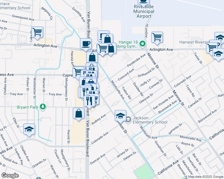 map of restaurants, bars, coffee shops, grocery stores, and more near 4809 Jackson Street in Riverside