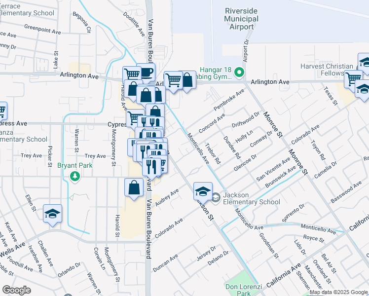 map of restaurants, bars, coffee shops, grocery stores, and more near 4803 Jackson Street in Riverside