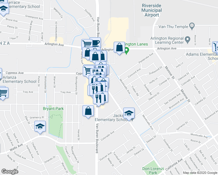 map of restaurants, bars, coffee shops, grocery stores, and more near 4803 Jackson Street in Riverside