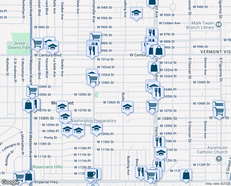 map of restaurants, bars, coffee shops, grocery stores, and more near 1233 West 106th Street in Los Angeles