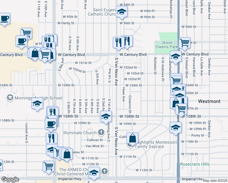 map of restaurants, bars, coffee shops, grocery stores, and more near 10512 South 1st Avenue in Inglewood