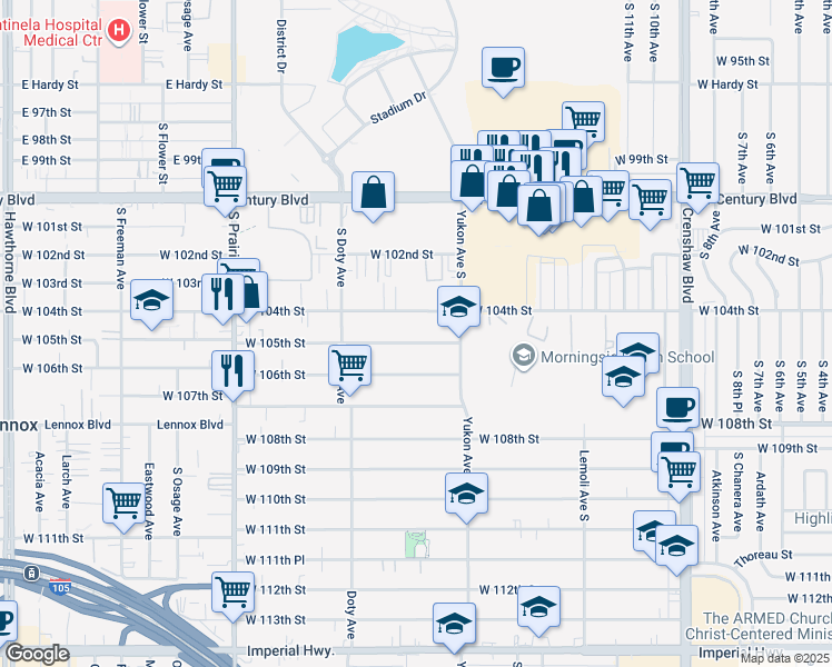 map of restaurants, bars, coffee shops, grocery stores, and more near 3636 West 105th Street in Inglewood