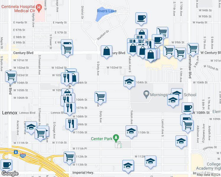 map of restaurants, bars, coffee shops, grocery stores, and more near 3708 West 105th Street in Inglewood