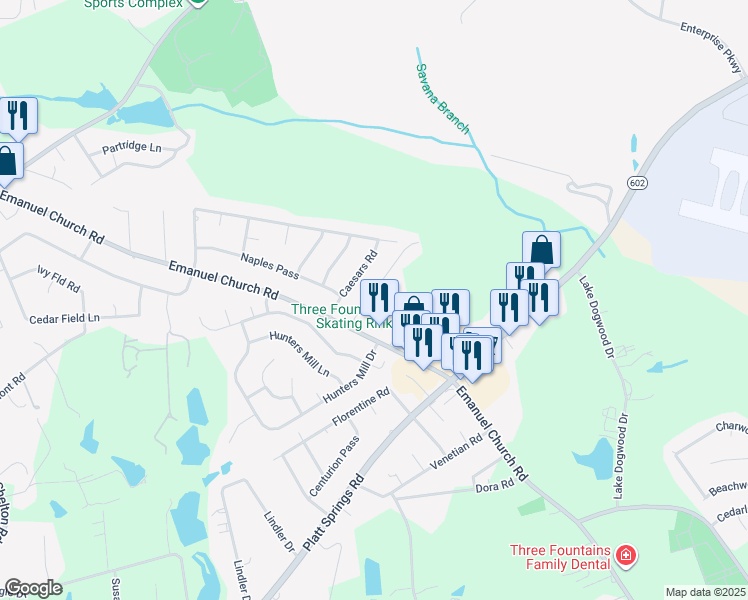 map of restaurants, bars, coffee shops, grocery stores, and more near 2744 A Emanuel Church Road in West Columbia