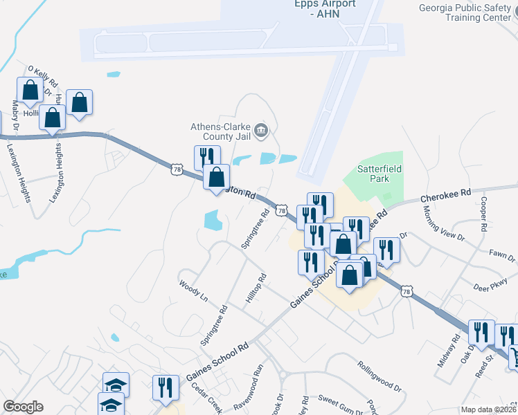 map of restaurants, bars, coffee shops, grocery stores, and more near 114 Springtree Road in Athens