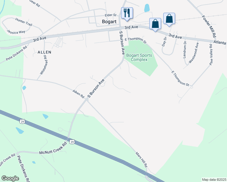 map of restaurants, bars, coffee shops, grocery stores, and more near 5002 Mars Hill Road in Bogart