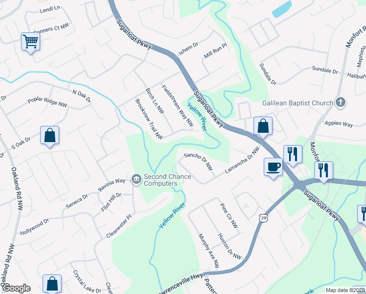map of restaurants, bars, coffee shops, grocery stores, and more near 446 Sancho Drive Northwest in Lawrenceville