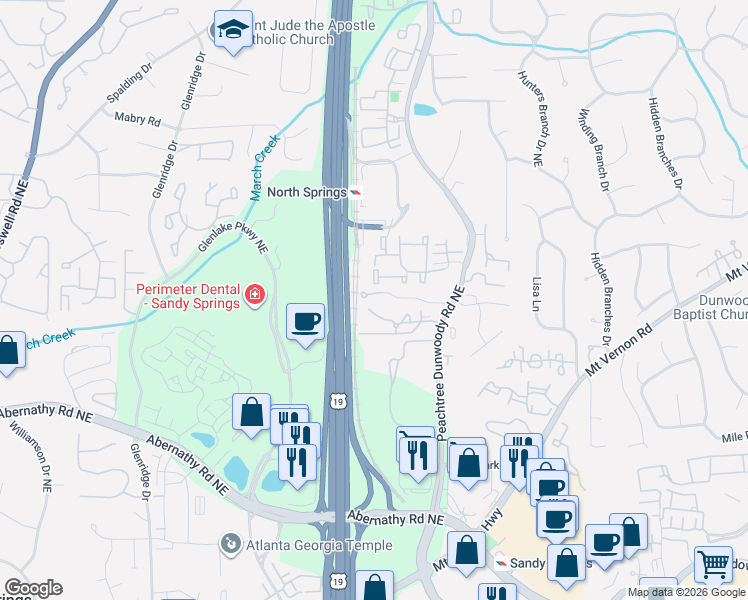 map of restaurants, bars, coffee shops, grocery stores, and more near 176 Peachtree Hollow Court Northeast in Atlanta