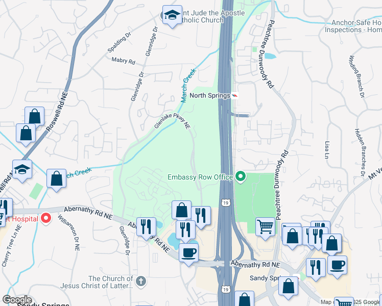 map of restaurants, bars, coffee shops, grocery stores, and more near 50 Glenlake Parkway Northeast in Sandy Springs