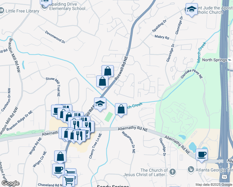 map of restaurants, bars, coffee shops, grocery stores, and more near 6701 Roswell Rd in Atlanta