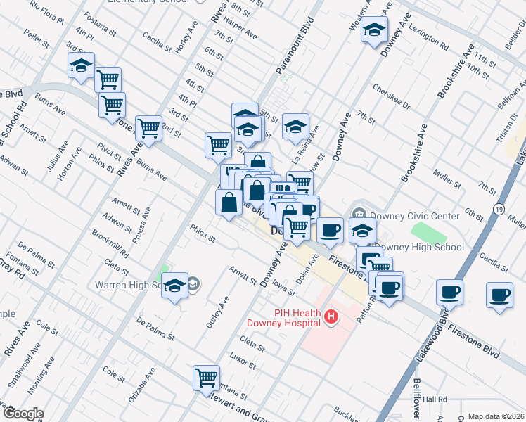 map of restaurants, bars, coffee shops, grocery stores, and more near Firestone Blvd & La Reina Ave in Downey