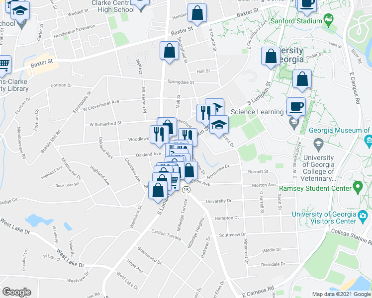 map of restaurants, bars, coffee shops, grocery stores, and more near 1540 South Lumpkin Street in Athens