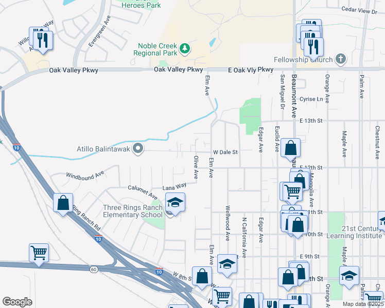 map of restaurants, bars, coffee shops, grocery stores, and more near 1211 Olive Avenue in Beaumont
