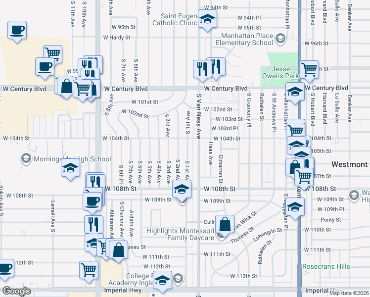 map of restaurants, bars, coffee shops, grocery stores, and more near 10421 South 1st Avenue in Inglewood