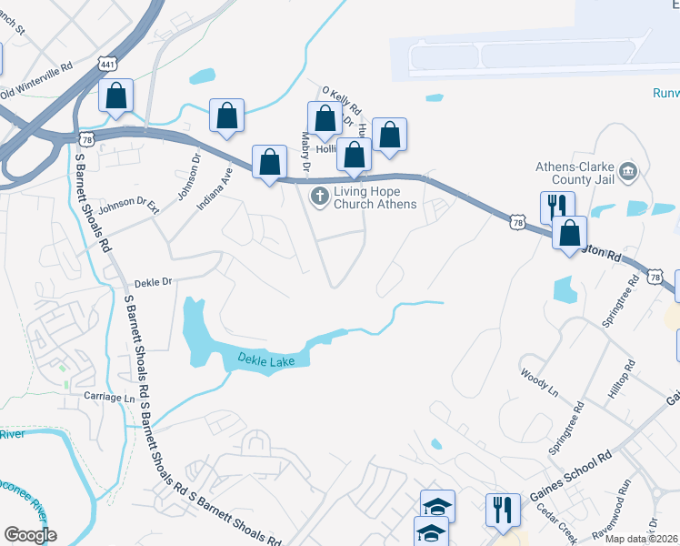 map of restaurants, bars, coffee shops, grocery stores, and more near 306 Lexington Heights in Athens