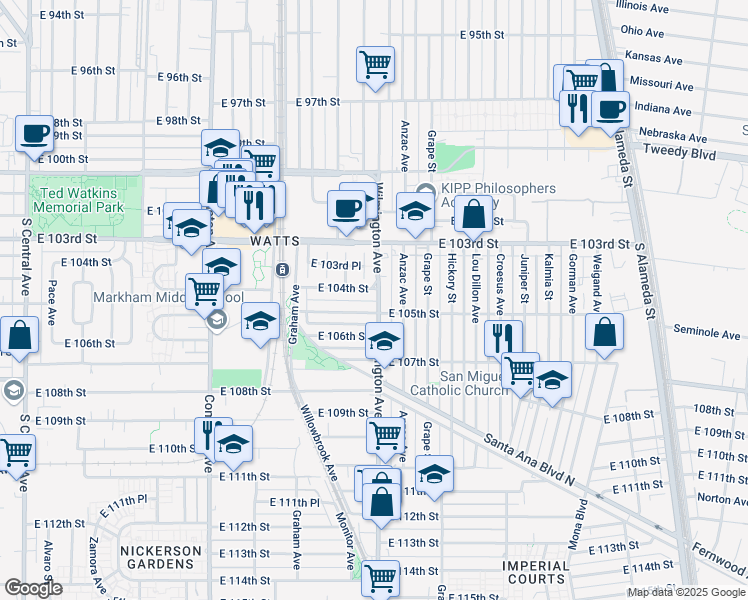 map of restaurants, bars, coffee shops, grocery stores, and more near 10411 Wilmington Avenue in Los Angeles
