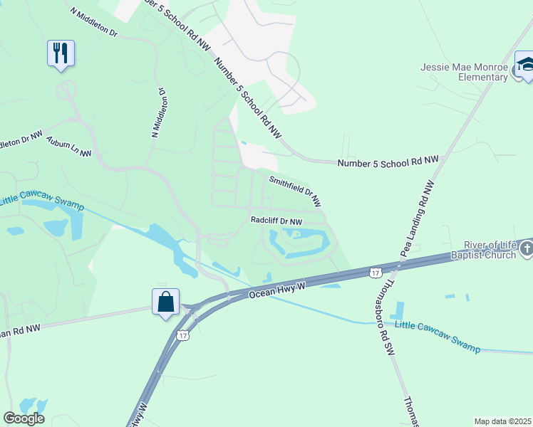 map of restaurants, bars, coffee shops, grocery stores, and more near 8979 Smithfield Drive Northwest in Calabash